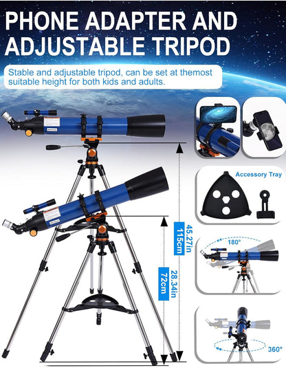 Telescope for Adults High Powered 90mm Aperture 800mm (32X-240X), Refractor Telescopes for Astronomy Beginners with AZ Mount Tripod, Phone Adapter, Carry Bag (80090white)