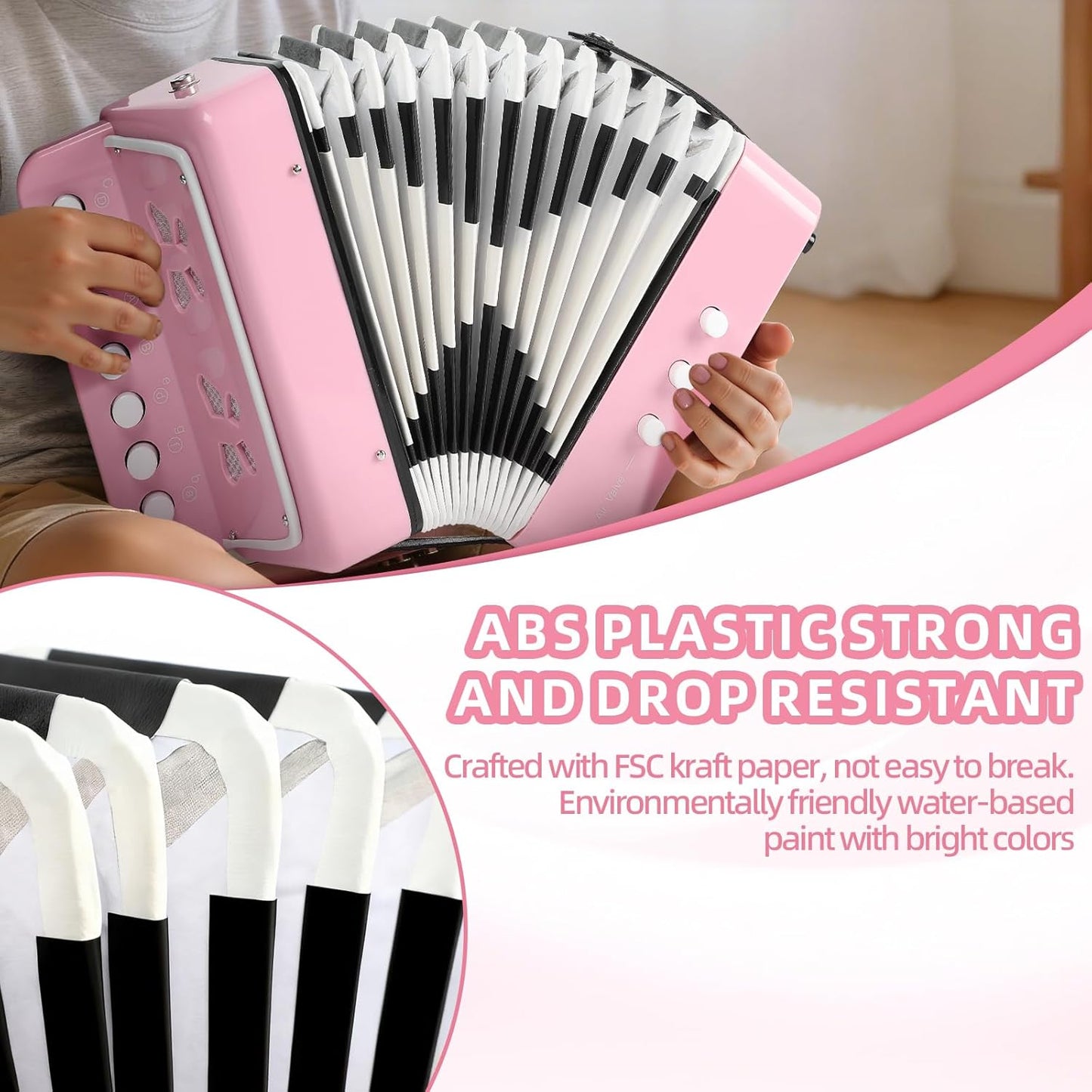 10 Keys Kids Accordion, Horse Button Accordion Toys Accordian Mini Musical Instruments Button for Child Children Kids Toddlers Beginners (Light Pink)