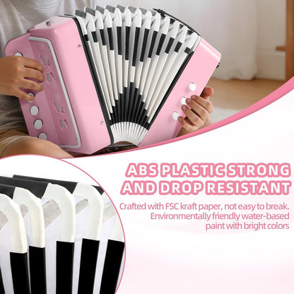 10 Keys Kids Accordion, Horse Button Accordion Toys Accordian Mini Musical Instruments Button for Child Children Kids Toddlers Beginners (Light Pink)