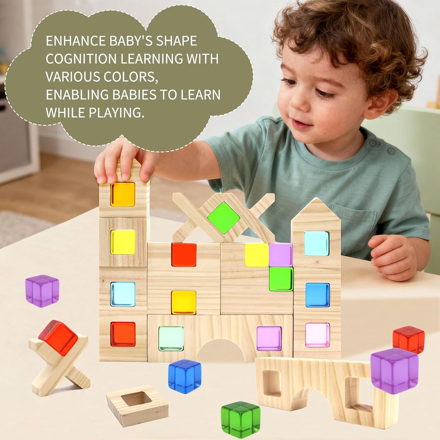 Wooden Building Blocks Set for Kids, 60 PCS Rainbow Acrylic Gem Cubes Stacking Blocks, Montessori Stacking Toy for Toddlers Educational Toy Early Learning Gifts for Boys Girls 3-6 (60)