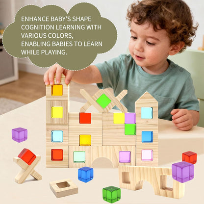 Wooden Building Blocks Set for Kids, 60 PCS Rainbow Acrylic Gem Cubes Stacking Blocks, Montessori Stacking Toy for Toddlers Educational Toy Early Learning Gifts for Boys Girls 3-6 (60)