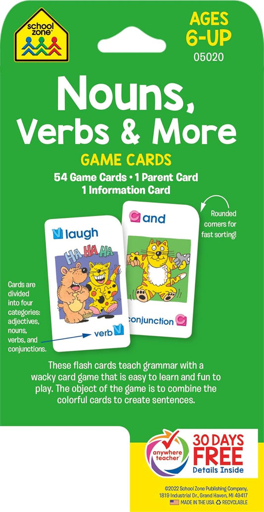School Zone Nouns, Verbs & More Game Cards: 56 Cards, Kindergarten, 1st Grade, Grammar, Early Reading, Parts of Speech, Word-Picture Association, Sentence Structures, Ages 6+