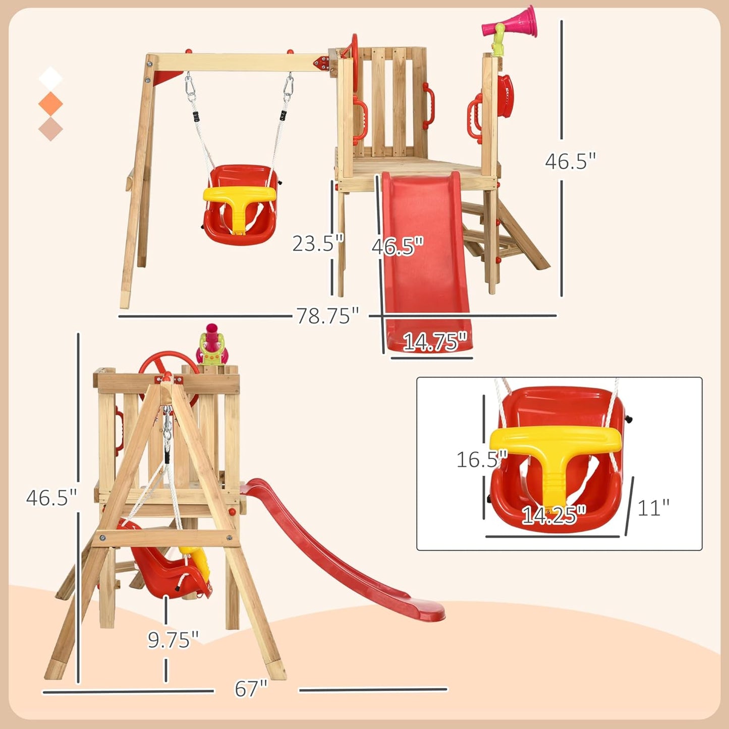 Outsunny Swing Set for Backyard, Wooden Toddler Outdoor Playset with Baby Swing Seat, Kids Slide, Fort, Playground Equipment with Captain's Wheel, Telescope for Ages 1.5-4, Natural