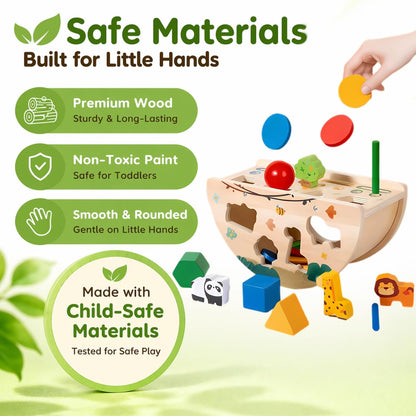 Montessori Busy Box for Toddlers 1-3, Wooden Object Permanence Coin Box with Shape Sorter & Animal Matching, Sensory Fine Motor Learning Toy with Wobble Base, Gift for 1 2 3 Year Old