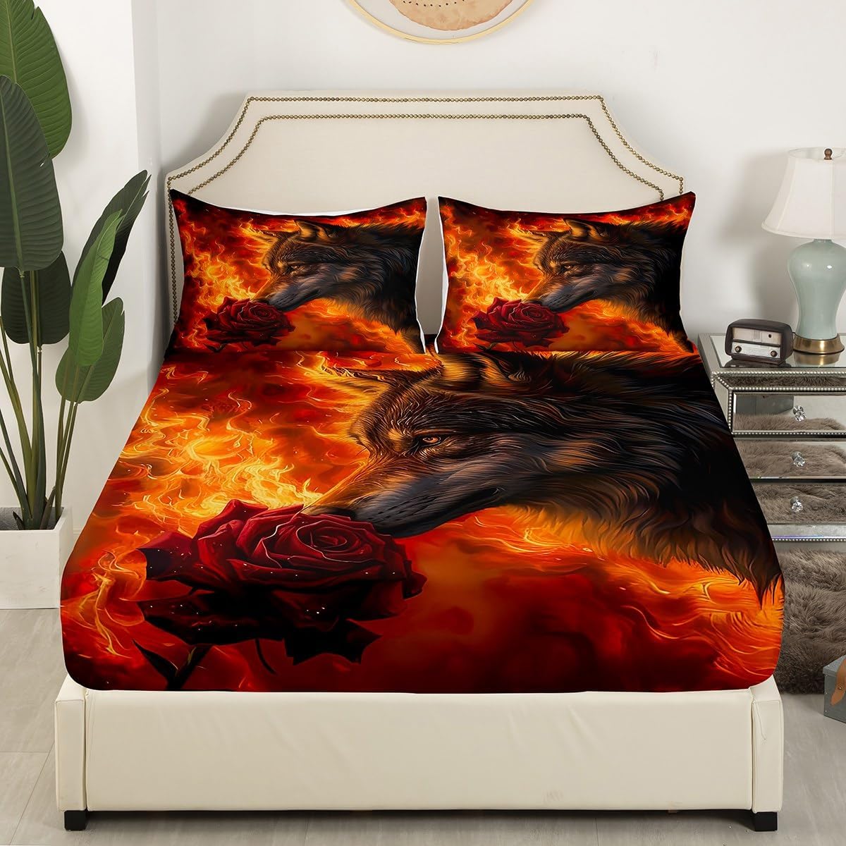 Manfei Musical Kids Fitted Sheet Full Size, MusicalGuitar Radio Drum Kit Headset Print Bedding Set 3pcs for Boys Girls, Rock Music Bed Cover with 2 Pillowcases, Soft Polyester Bedding, No Top Sheet