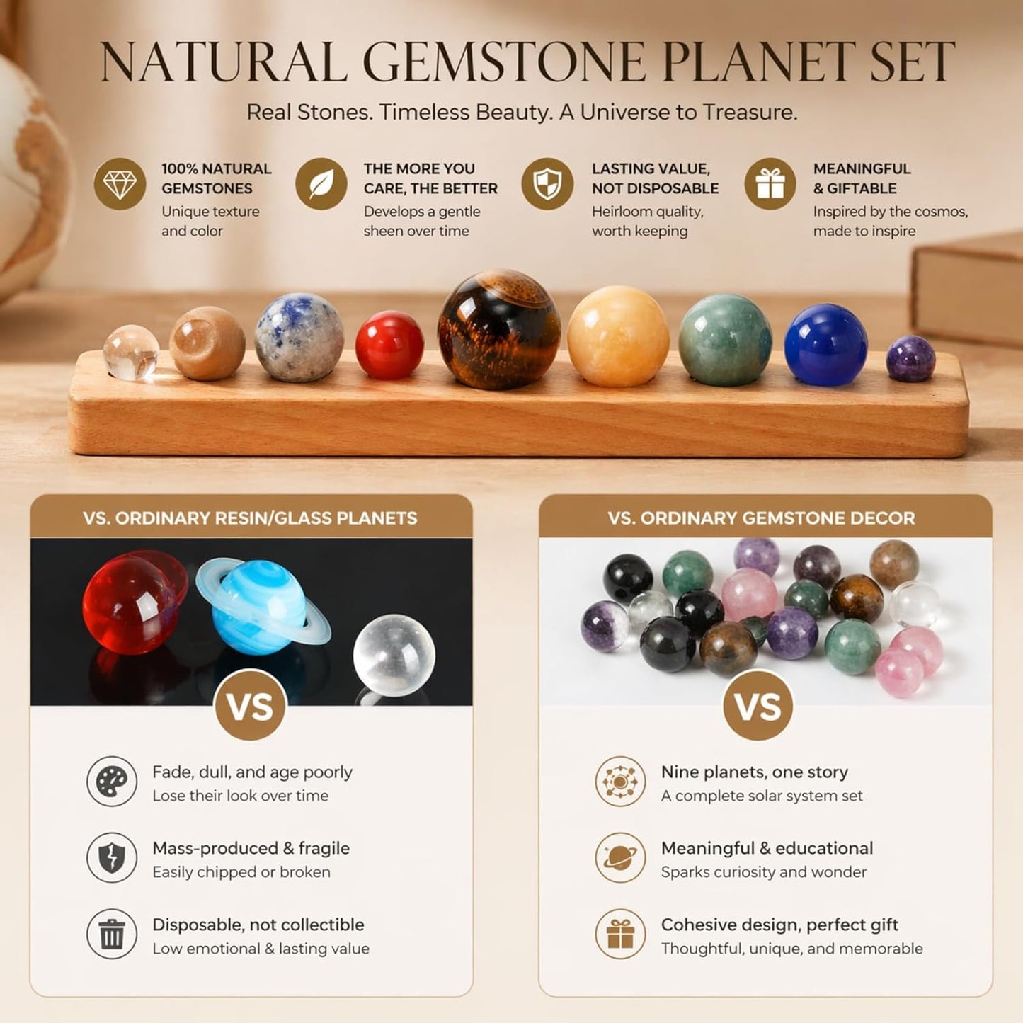 ZENFUN Nine Planets in Solar System with Wooden Stand, Natural Gemstones Sphere Solar System Model Kit, Planet Marbles, Space Themed Bedroom Decor, Best Birthday Science Astronomy Gifts
