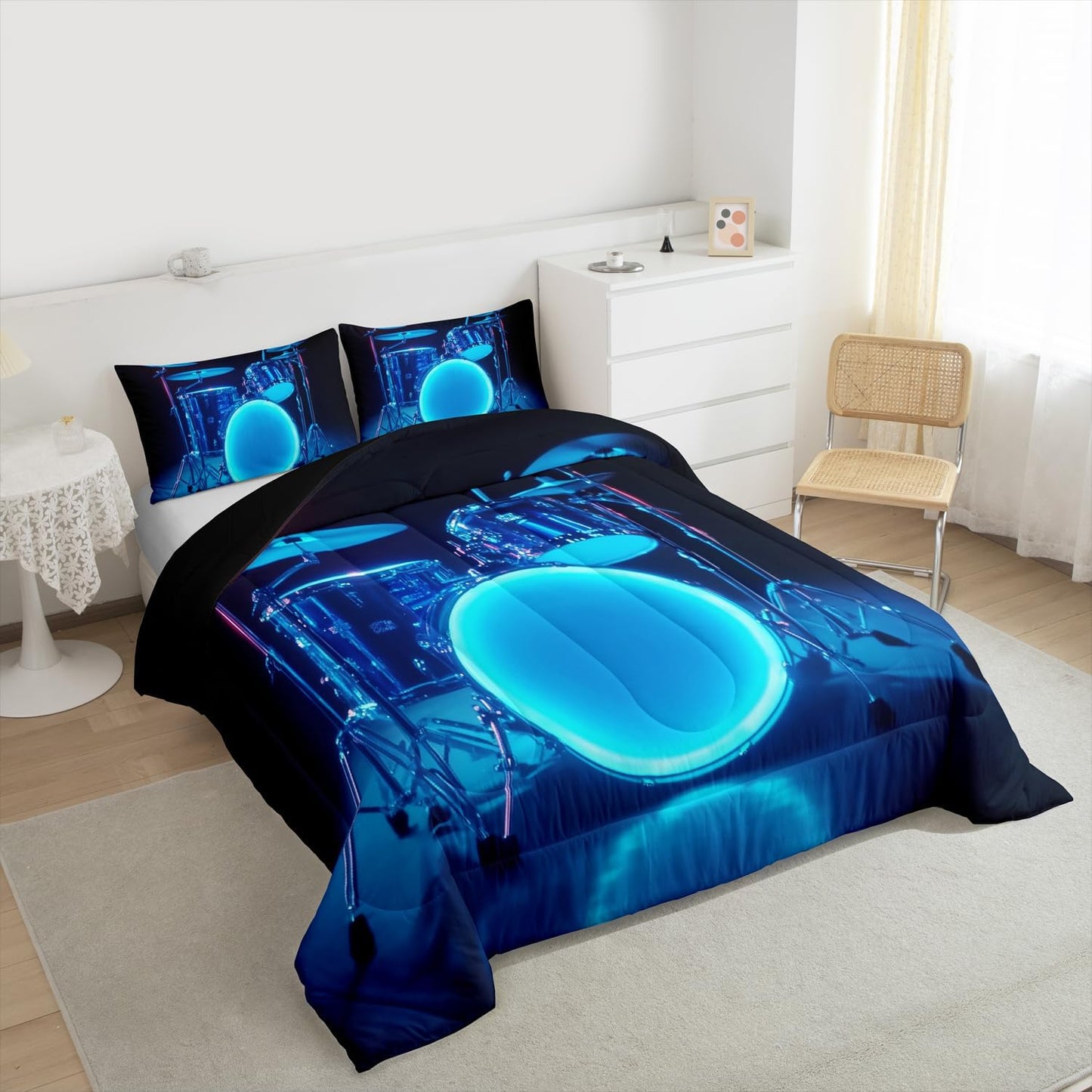 Erosebridal Drum Kit 3D Print Kids Comforter Sets Rock Music Themed Full Bedding Set for Boys Girls Musical Pattern Comforter Set,Colorful Retro Style Quilt Duvet 3 Pcs