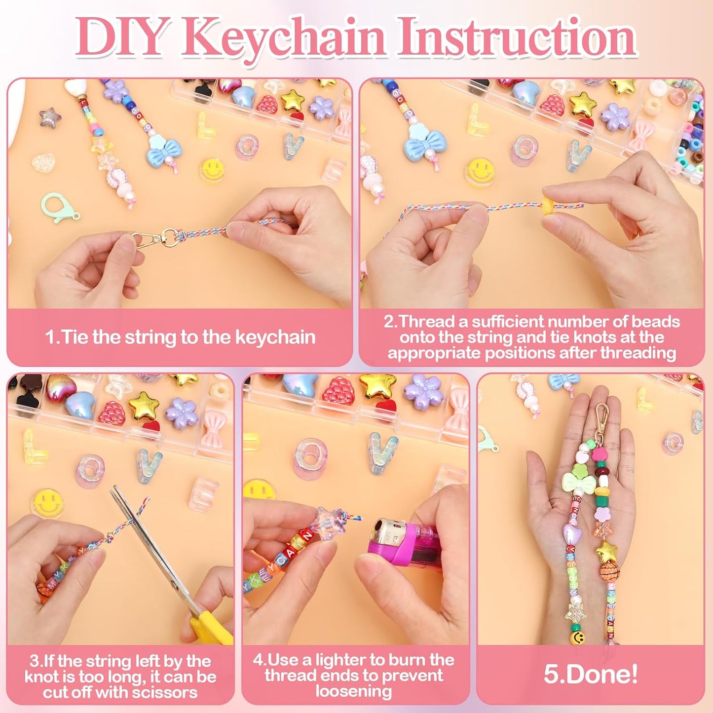 DEMIUKO DIY Bead Keychain Making Kit, 296PCS Beaded Bag Charm Making Kit with Colorful Beads Letter Alphabet Name Beads Flower Heart Jewelry Making Kit Bead Supplies Crafts Gifts