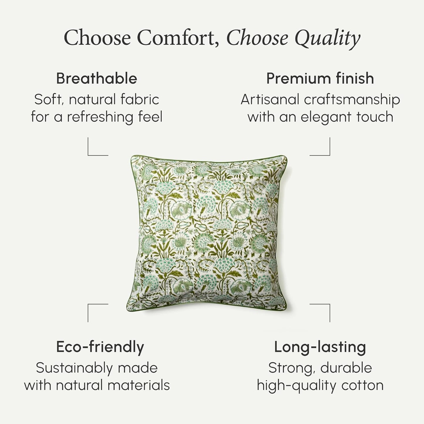 CPC 100% Cotton Throw Pillow Covers 18x18 Inch, Set of 2 Green Block Print Pattern Couch Pillow, Cute Boho Decorative Pillows for Living Room, Bedroom with Hidden Zipper- Agate Green