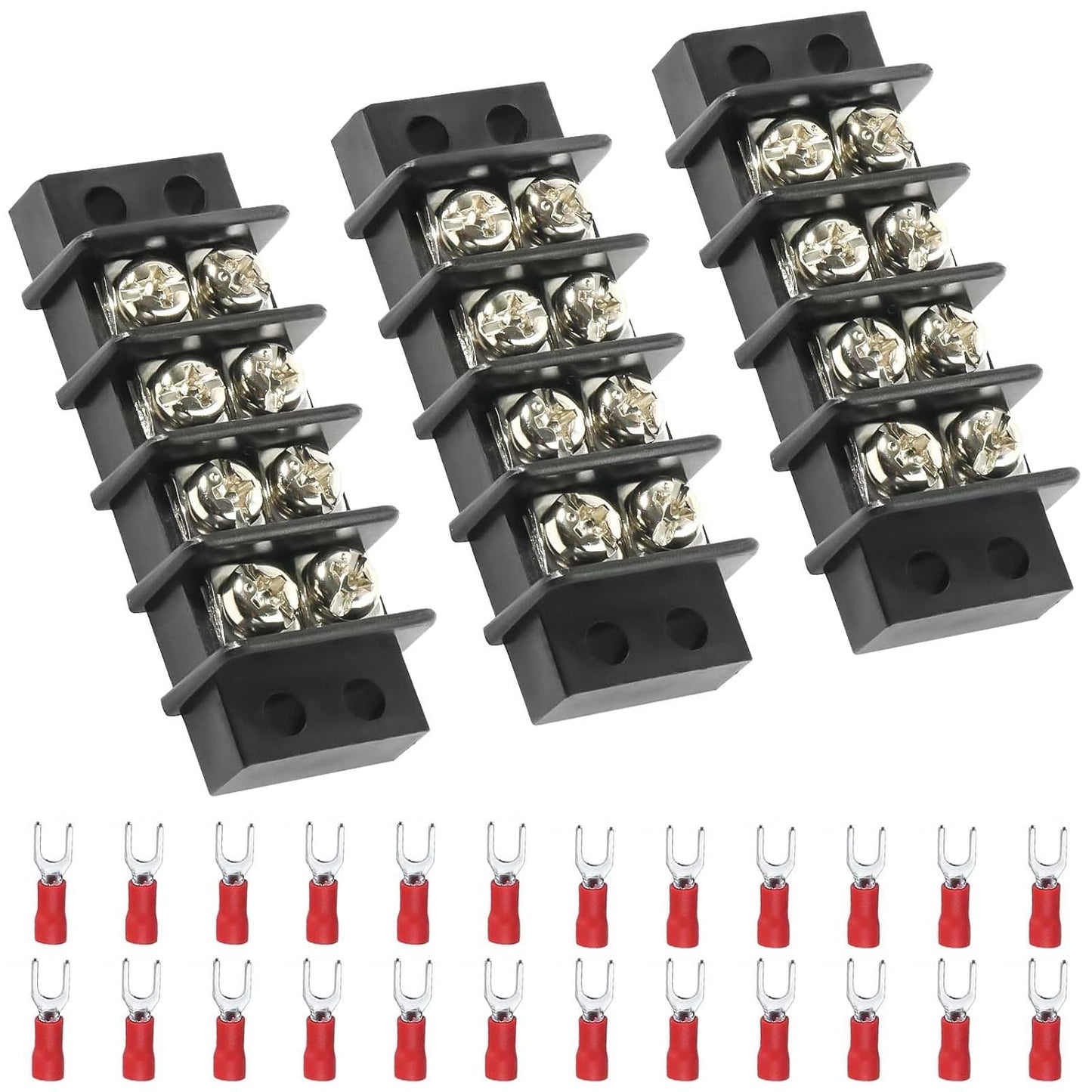 3sets 10 Position Terminal Strips， Dual Screw Terminals Block Strip with 16-14AWG Insulated Fork Wire Connectors for Electrical Wiring
