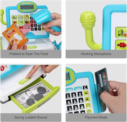 FS Pretend Play Cash Register Toy with True Barcode Scanner & Calculator, Microphone, Play Food, Supermarket Cashier, Great Pre-School Gift Cash Register for Kids Boys & Girls, Ages 3 4 5 6 8