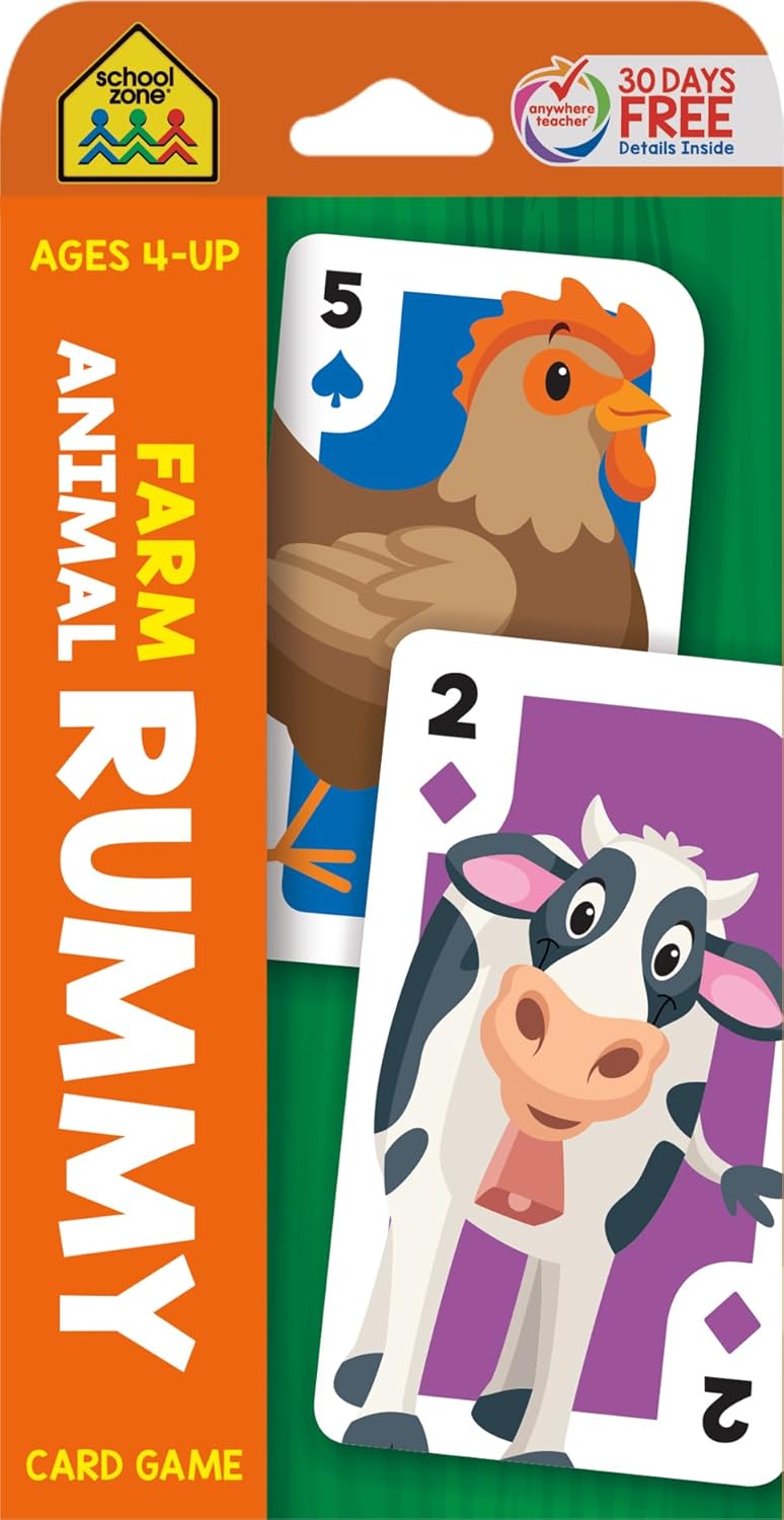 School Zone Farm Animal Rummy Card Game: 56 Game Cards, Preschool, Kindergarten, Counting, Matching, Numbers, and More
