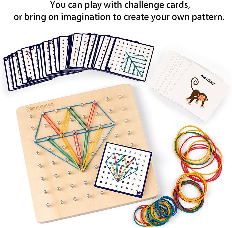 Coogam Wooden Geoboard Mathematical Manipulative Material Array Block Geo Board – Graphical Educational Toys with 30Pcs Pattern Cards and Latex Bands Shape STEM Puzzle Matrix 8x8 Brain Teaser for Kid