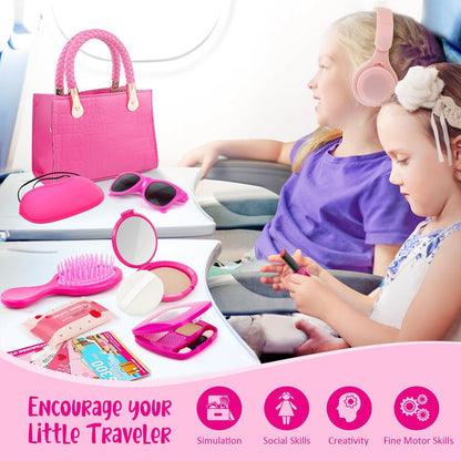 Little Girl Purse with Pretend Makeup for Toddlers, 49PCS Kids Play Purse Set - Princess Toy Accessories, Pretend Play Headset Wallet Phones Sunglasses Keys Credit Cards Birthday Gift for Girls Age 3+