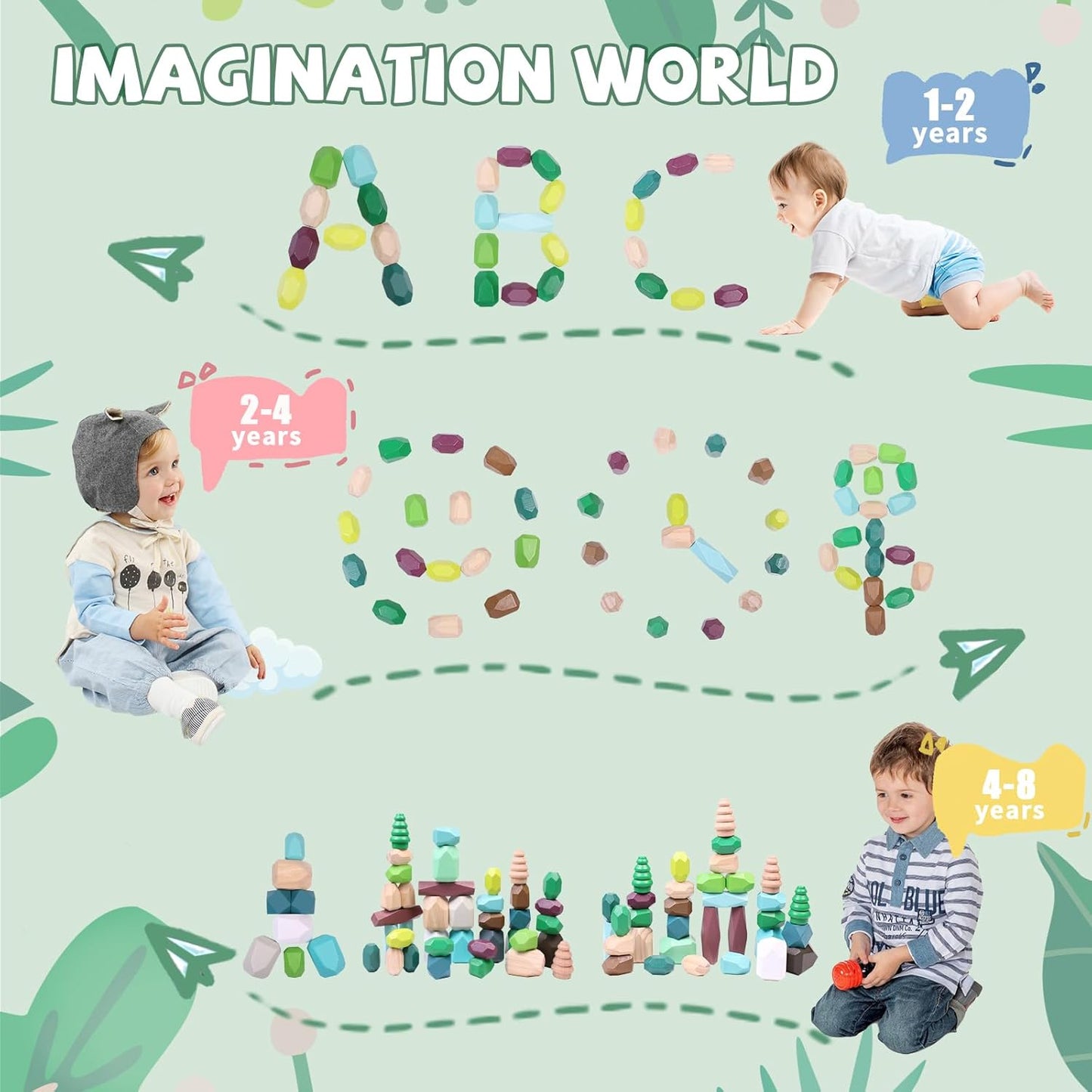 YHHYTOY 40 PCS Wooden Stacking Rocks Building Blocks Forest Theme, Sensory Learning Montessori Toys for 3 4 5 Year Old Kids, Preschool Educational STEM Toys Toddler Games Birthday Gifts for Girls Boys