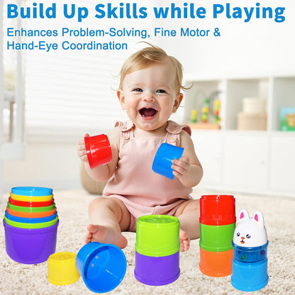 WEEJOYGAM Baby Stacking Cups, Nesting Stacking Toys for Toddlers 1-3 with Light and Sound, Montessori Toys for 1 Year Old Babies 6-12 12-18 Months Easter Gift Color Stack Bath Beach Blocks Rainbow Set