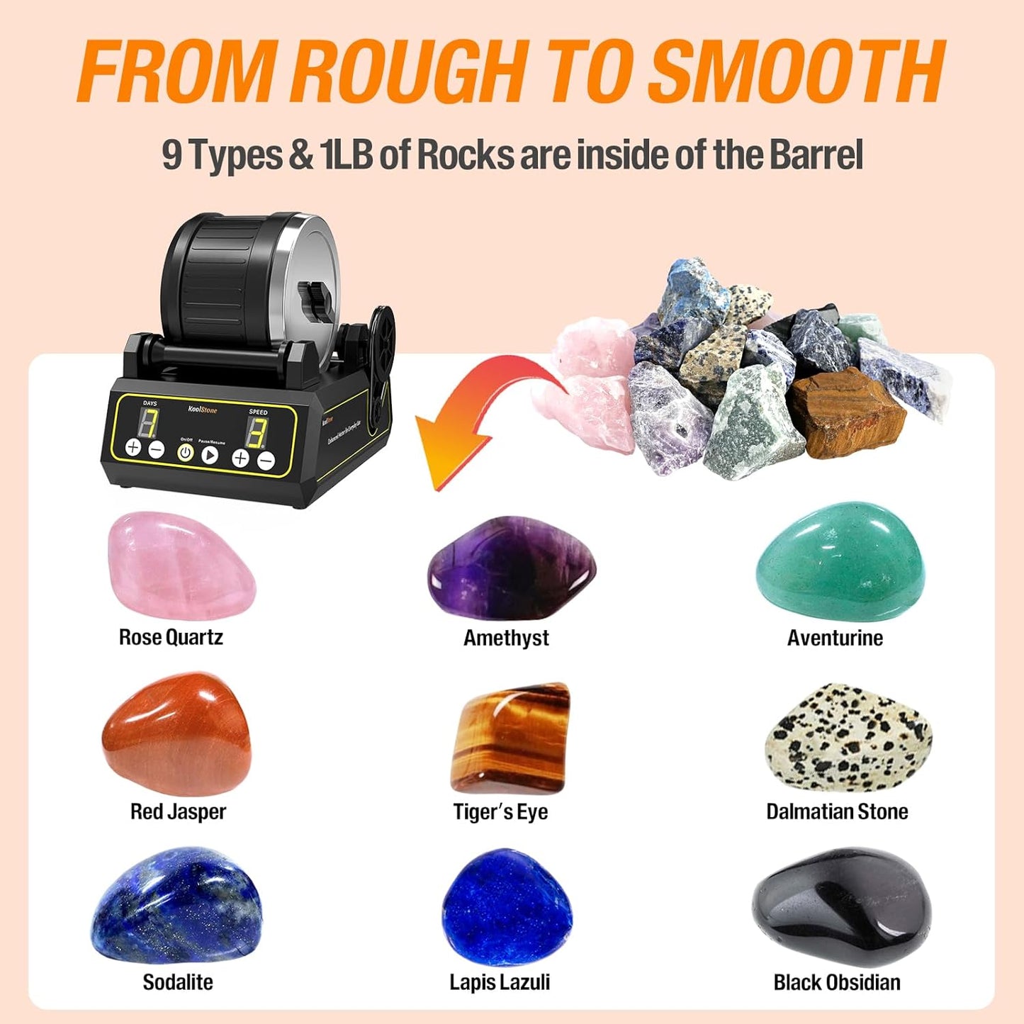 C1 Rock Tumbler Kit - Large 2.5LB Rotary Rock Tumbler for Adults & Hobbyists, Quiet Rubber Barrel, Adjustable Timer & Speed, Complete Gem Polishing Kit with Memory Function