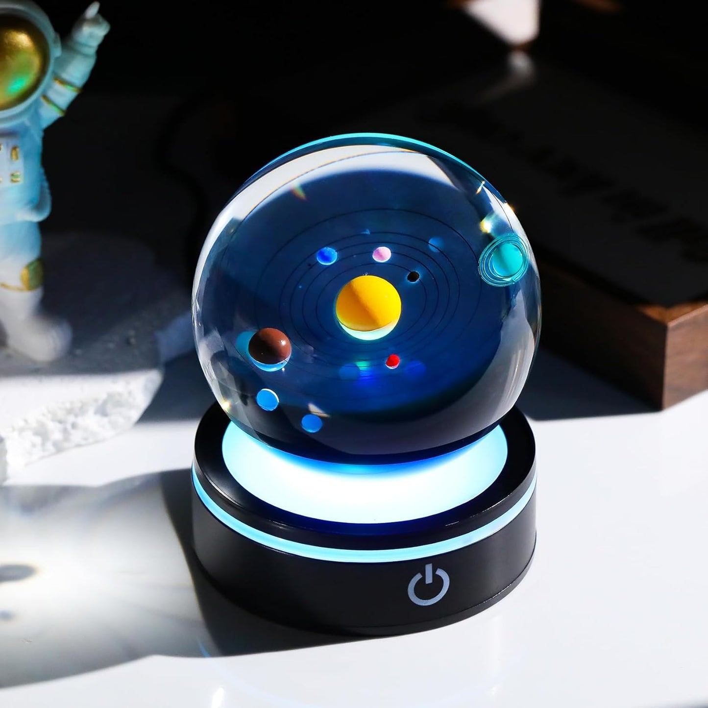 YWHL 3D Solar System Crystal Ball 80mm with Light Base, Laser Engraved Glass Planet Solar System Model Sphere Night Light Decor Space Universe Astronomy Gifts for Women Men Teens Boys and Girls