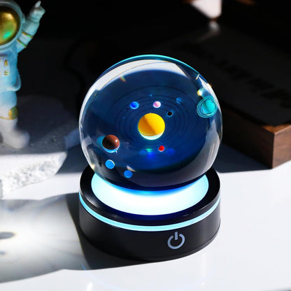 YWHL 3D Solar System Crystal Ball 80mm with Light Base, Laser Engraved Glass Planet Solar System Model Sphere Night Light Decor Space Universe Astronomy Gifts for Women Men Teens Boys and Girls