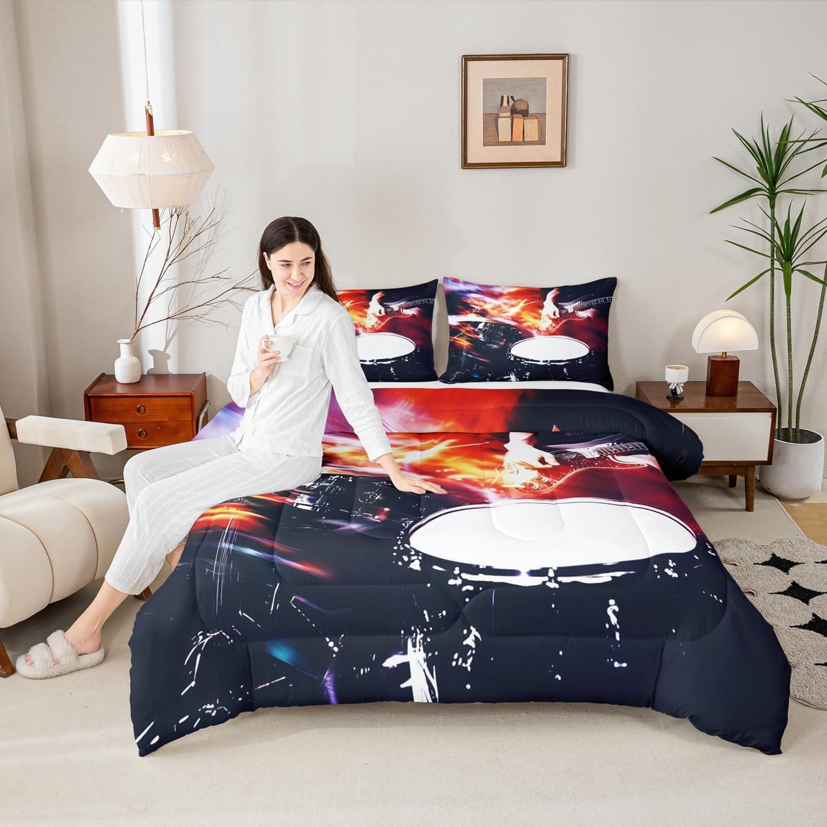 Erosebridal Drum Kit 3D Print Kids Comforter Sets Rock Music Themed Full Bedding Set for Boys Girls Musical Pattern Comforter Set,Colorful Retro Style Quilt Duvet 3 Pcs