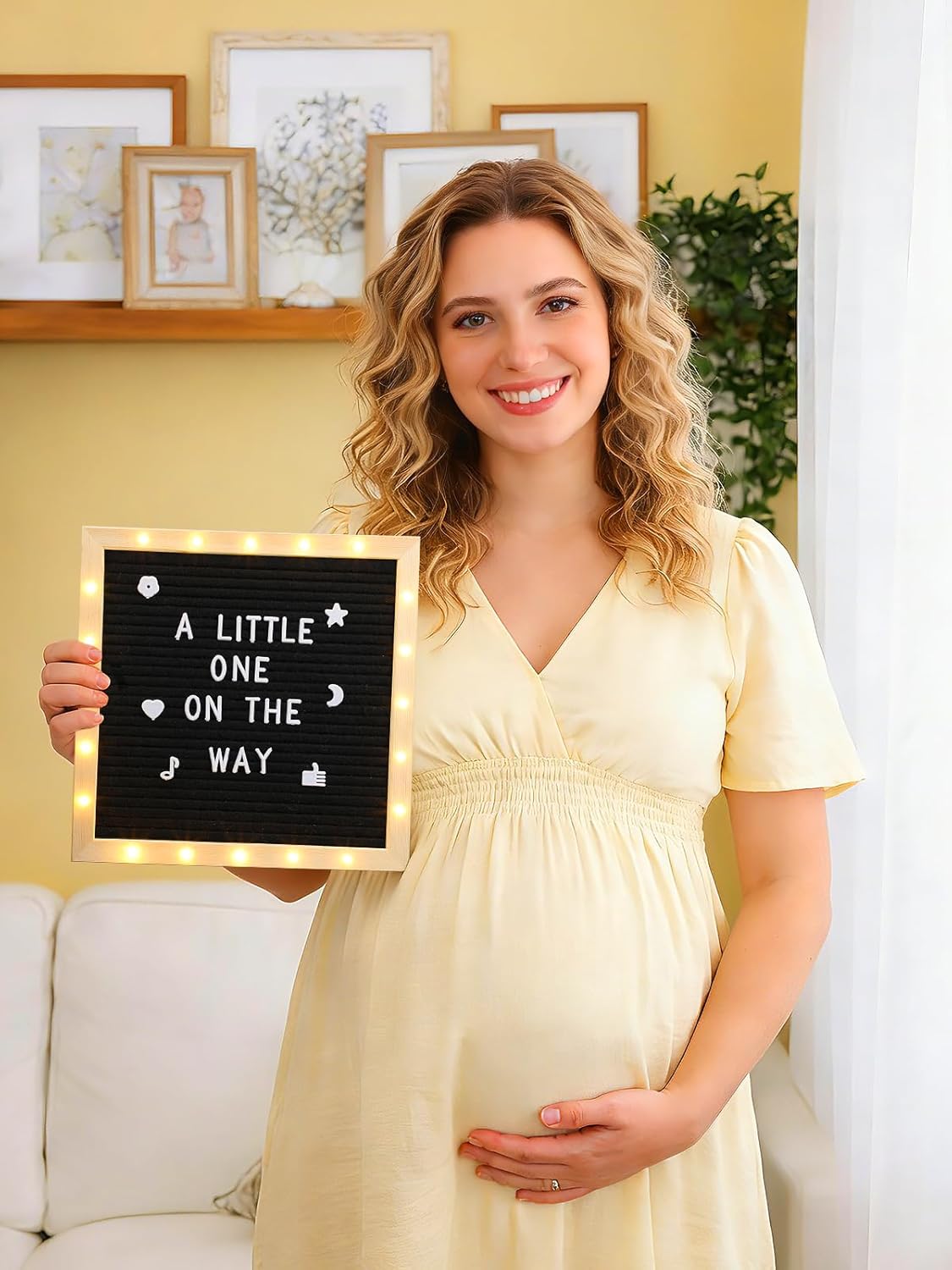 Changeable Felt Letter Board with LED Lights - 10×10" Message Custom Signs & Wood Stand & 450 Letters, Poster Board for Baby/Pregnancy Announcement/Classroom Wall Graduation Decor Gifts, Camel