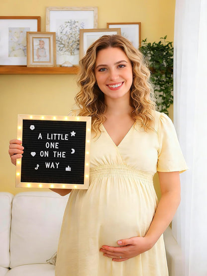 Changeable Felt Letter Board with LED Lights - 10×10" Message Custom Signs & Wood Stand & 450 Letters, Poster Board for Baby/Pregnancy Announcement/Classroom Wall Graduation Decor Gifts, Camel