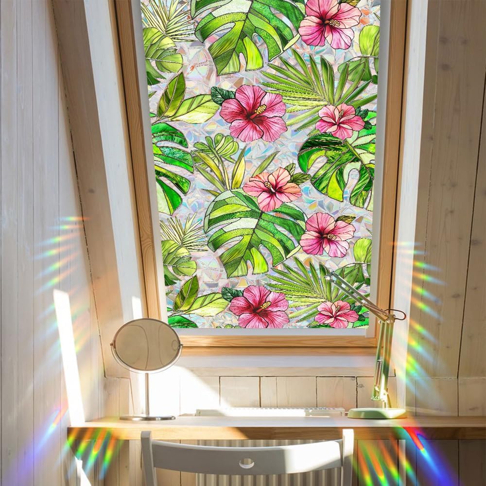 Flower Stained Glass Window Film Decorative Static Cling Stickers Sun Blocking Privacy Decals for Home Car White Lily