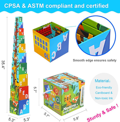 10 Pcs Nesting and Stacking Blocks for Toddlers 1-3 - Cardboard Stacking Cubes with ABC & Numbers - Montessori Educational Learning Toy - Sturdy Toddler Tower Building Set for Kids