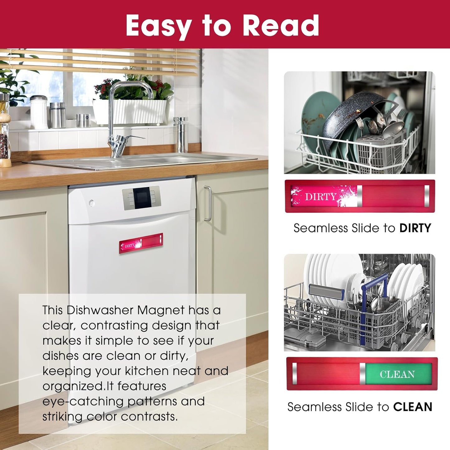 Clean Dirty Magnet for Dishwasher, Premium Stainless Steel, Dirty/Clean Speckled Design, Durable Magnet & Clear Indicators with Extra Tape (Silvery-Gray-01)