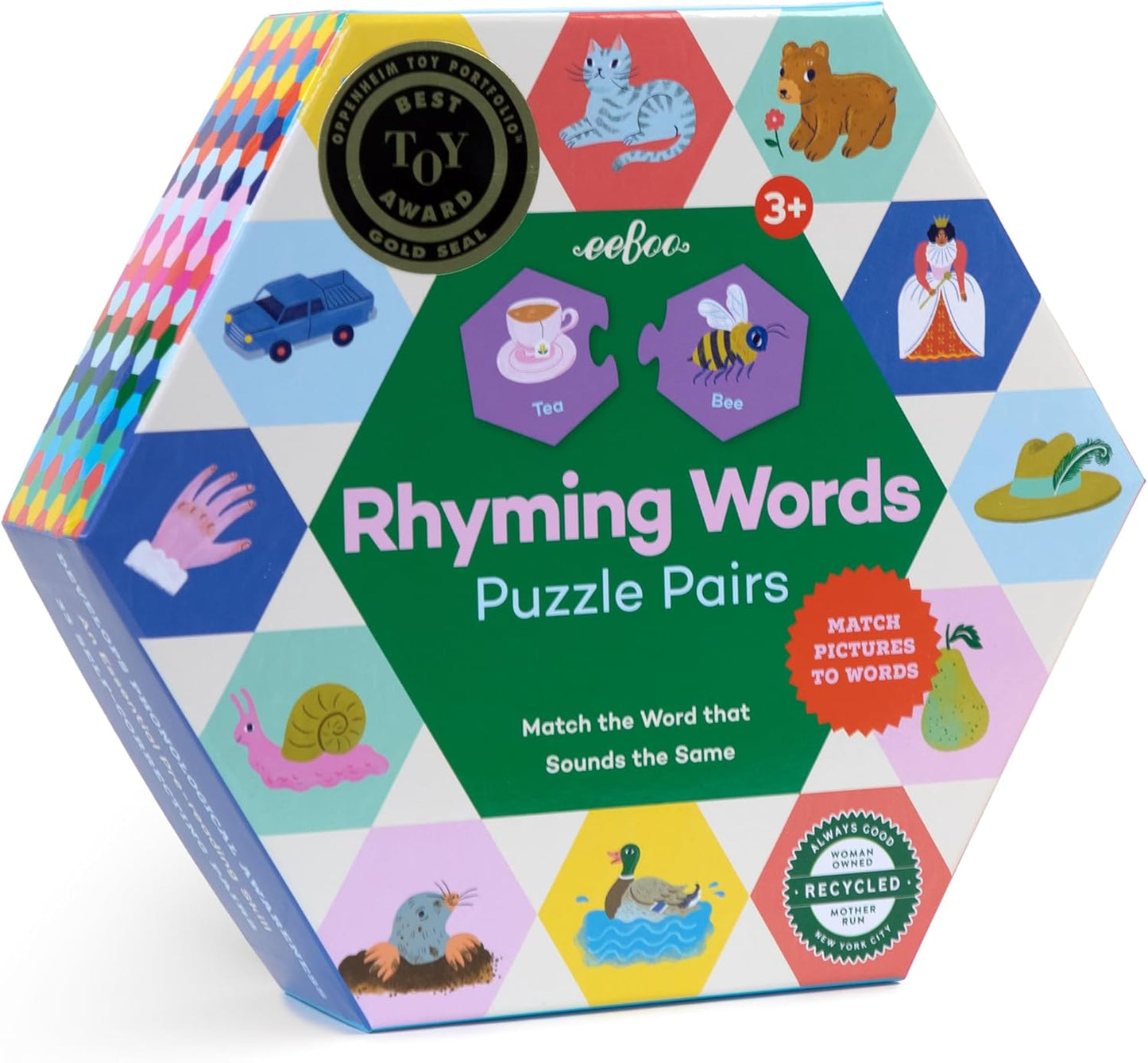 eeBoo Hexagon Puzzle Pairs - Rhyming Words, 33 Self-Correcting Pairs, Match Sounds to Images, Pre-Reading Activity for Preschool Kids Ages 3 and up