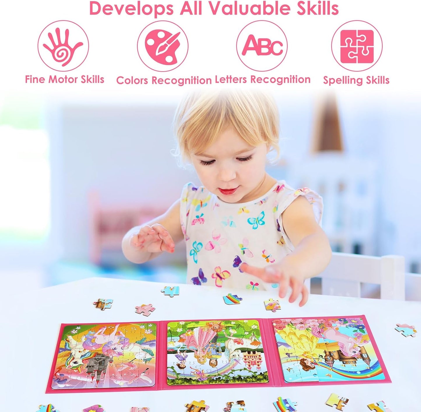 Magnetic Puzzles for Kids Ages 4-6, 20-Piece Toddler Travel Toys Unicorn Princess Puzzles Ages 3-5, Educational Learning Magnets, Ideal Road Trip Activities Toys for 3 4 5 6 Boys and Girls