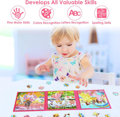 Magnetic Puzzles for Kids Ages 4-6, 20-Piece Toddler Travel Toys Unicorn Princess Puzzles Ages 3-5, Educational Learning Magnets, Ideal Road Trip Activities Toys for 3 4 5 6 Boys and Girls