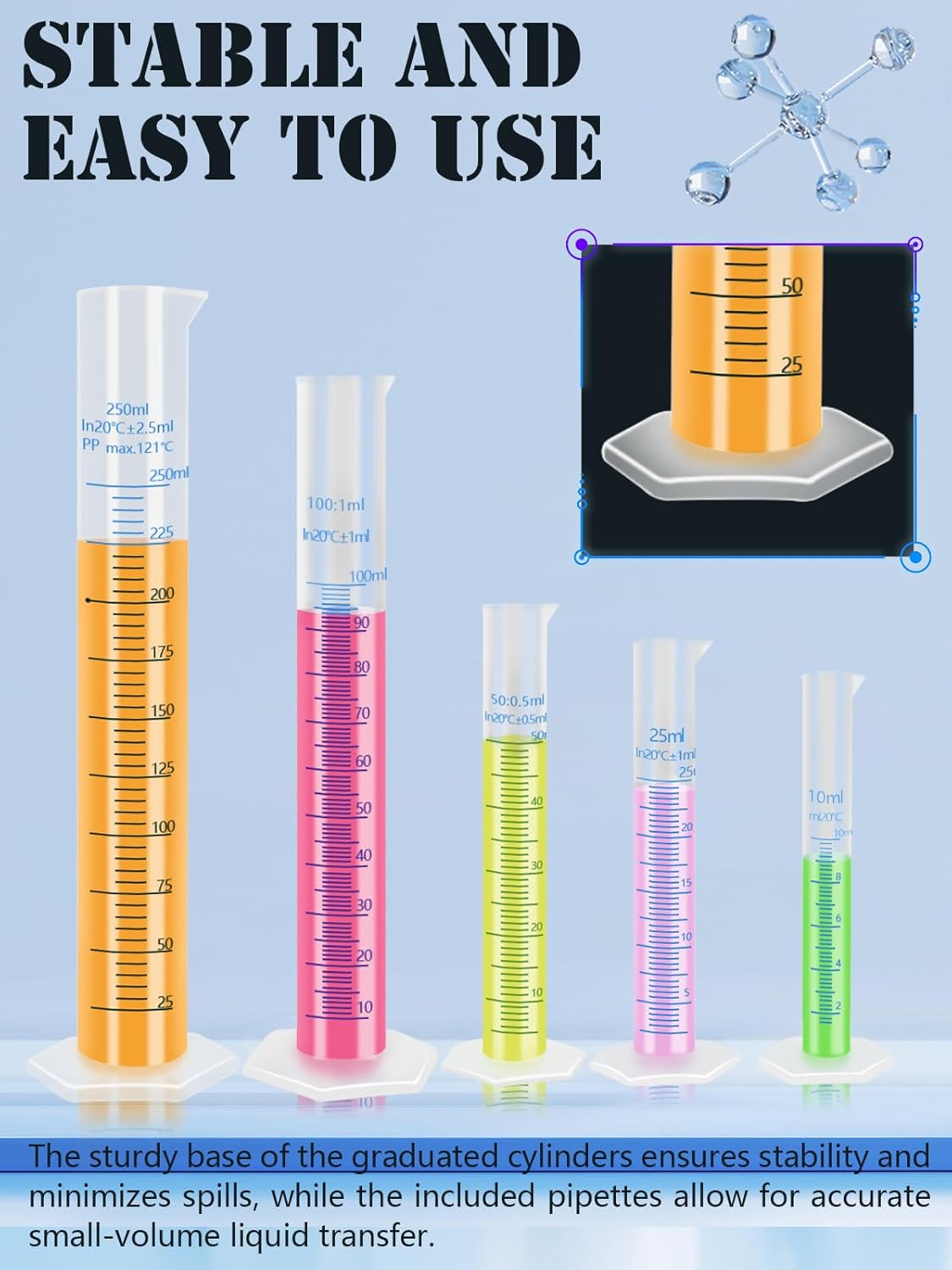 Artcome Plastic Graduated Cylinders and Beakers with 5 Pipettes, 10/25/50/100/250ml Cylinders, 10/25/50/100/150/250/500/1000ml Beakers, 5 Stirring Rods – Ideal for Science Lab, DIY, Halloween Decor