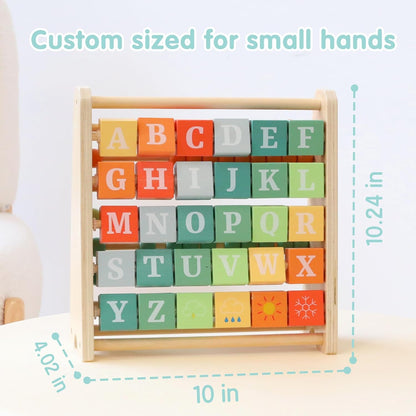 FReniland Wooden Activity Cube - Double-Sided Abacus & Alphabet Flip Tiles for Toddlers 18M+, Educational Learning Toy for Math and ABC Fun