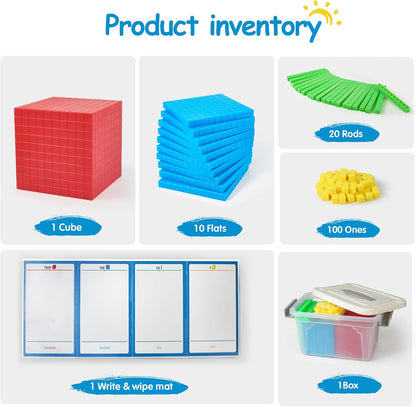 Math Manipulatives for Kids Aged 3+.Base Ten Blocks with Place Value Chart - Plastic Math Cubes to Help Educate Kindergarten Teachers.133 PCS
