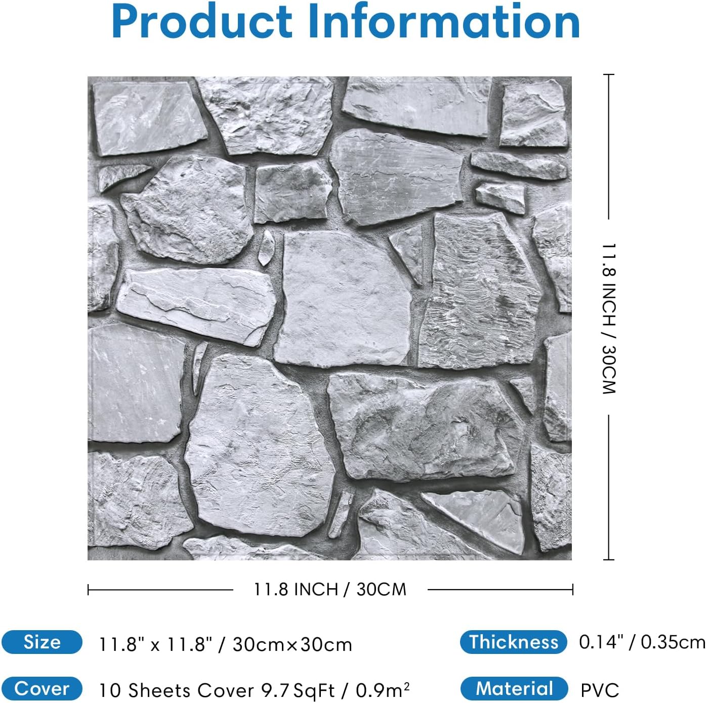 COMSTICKC 3D Faux Gray Stone Wall Sticker Peel and Stick Wall Panels,10 Pcs of 12"X12",Ultra-Light Thin PVC Decorative Tiles Rocks Stone Backsplash Interior Decor,Paintable