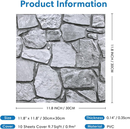 COMSTICKC 3D Faux Gray Stone Wall Sticker Peel and Stick Wall Panels,10 Pcs of 12"X12",Ultra-Light Thin PVC Decorative Tiles Rocks Stone Backsplash Interior Decor,Paintable