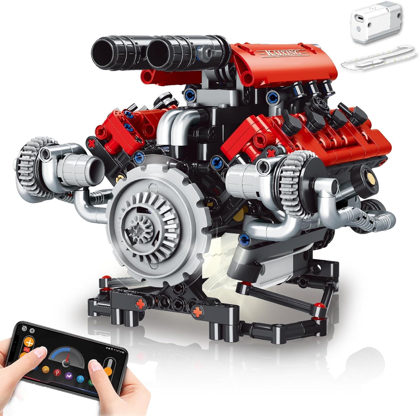 OWNONE 1 V8 Engine Model Kit that Work - 8-Cylinder Visible Engine Building Blocks Set with Motor, LED Light & APP Control - Build Your Own Engineering Kit, STEM Project for Adults & Kids (660 PCS)