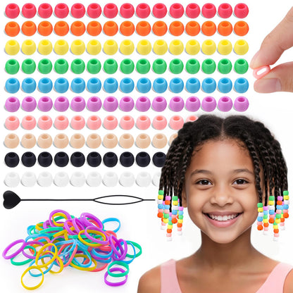 150Pcs 10mm Small Silicone Beads for Hair Braids, Soft Jellyish Pony Hair Beads with 5mm Hole + 50 Rubber Bands and 1 Beader for Braiding, DIY Bracelets Necklaces Crafts (Pink)