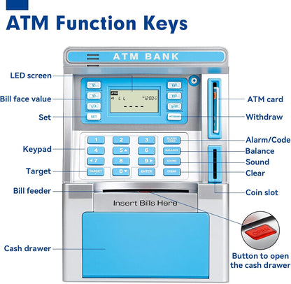 ATM Piggy Bank for Kids, ATM Machine for Real Money with Debit Card, Bill Feeder, Coin Recognition, Balance Calculator, Electronic Savings Safe Box, Gifts for Teen Boys Girls