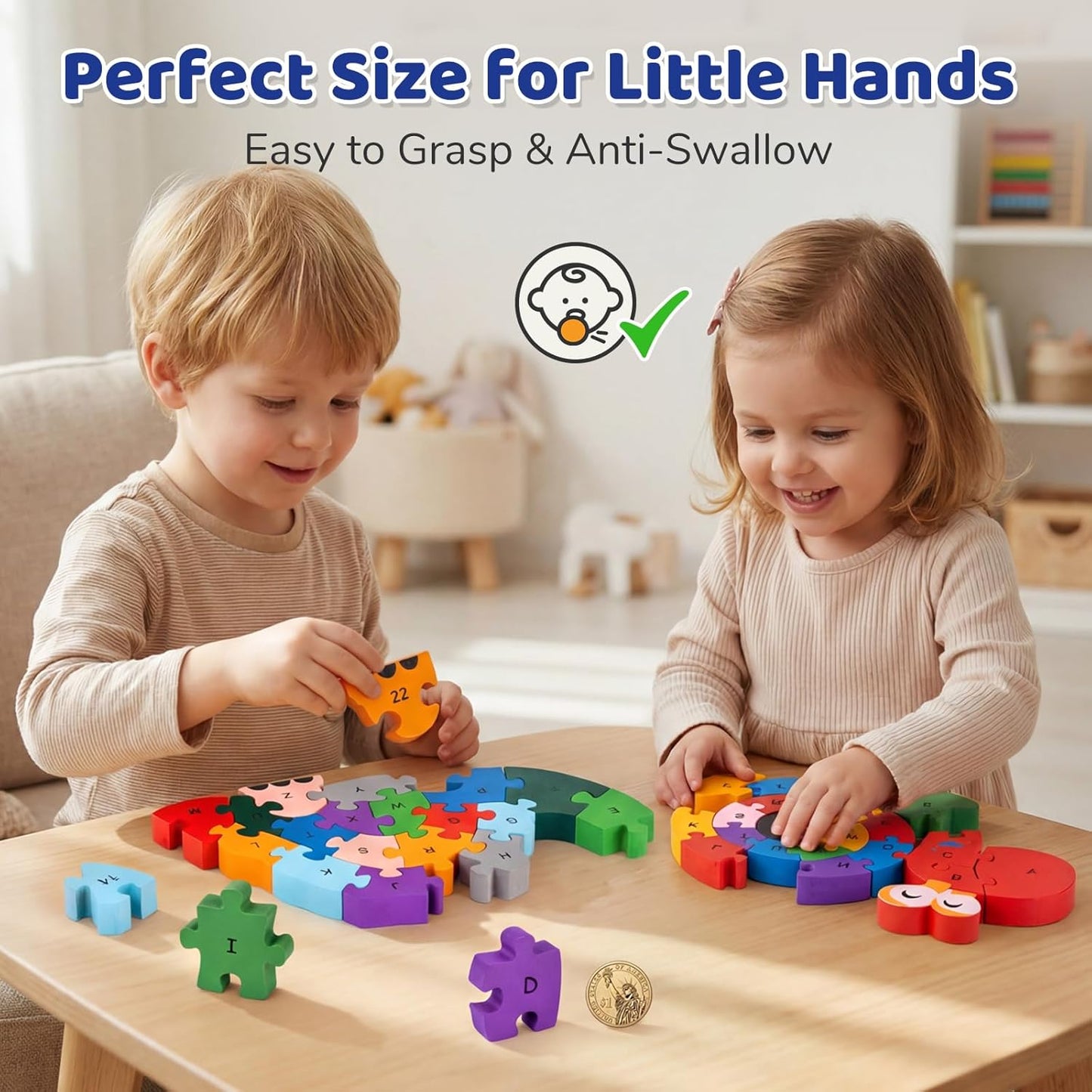 LovesTown Wooden Puzzles for Kids, Double Sided Snail & Dinosaur Jigsaw Set with Alphabet & Numbers, Montessori Educational Toy for Toddlers, Chunky Animal Gift