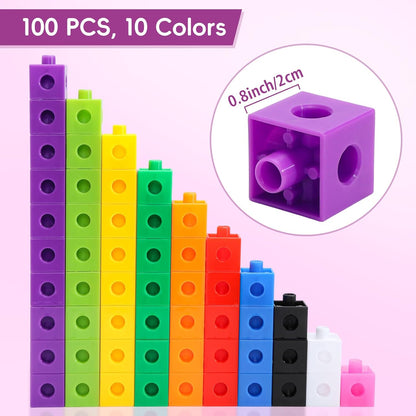 100 Pcs Math Linking Cubes - 10 Colors Connecting Counting Snap Blocks, Math Manipulatives for Early Math & Construction, Educational Toy for Preschool, Kindergarten, Homeschool