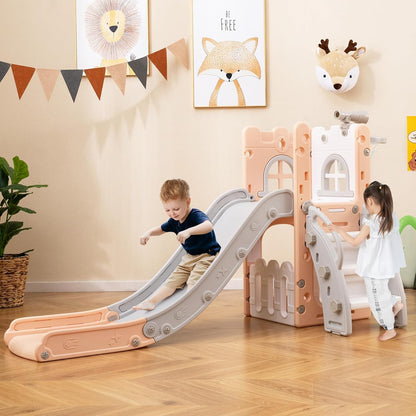 HONEY JOY Toddler Slide, 6 in 1 Freestanding Slide for Kids, Indoor Outdoor Castle Climber Playset Gym w/Basketball Hoop, Ball, Telescope, Storage, Playground Baby Slide for Boys Girls (Blue)