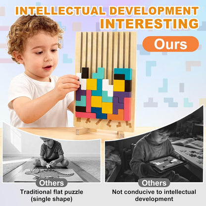 Wooden Montessori Russian Blocks Puzzle – 3D Stacking Toy for 3-6 Year Olds Toddlers Educational Gift & Brain Teaser for Critical Thinking Montessori Brain Blocks for Boys & Girls (Classic)