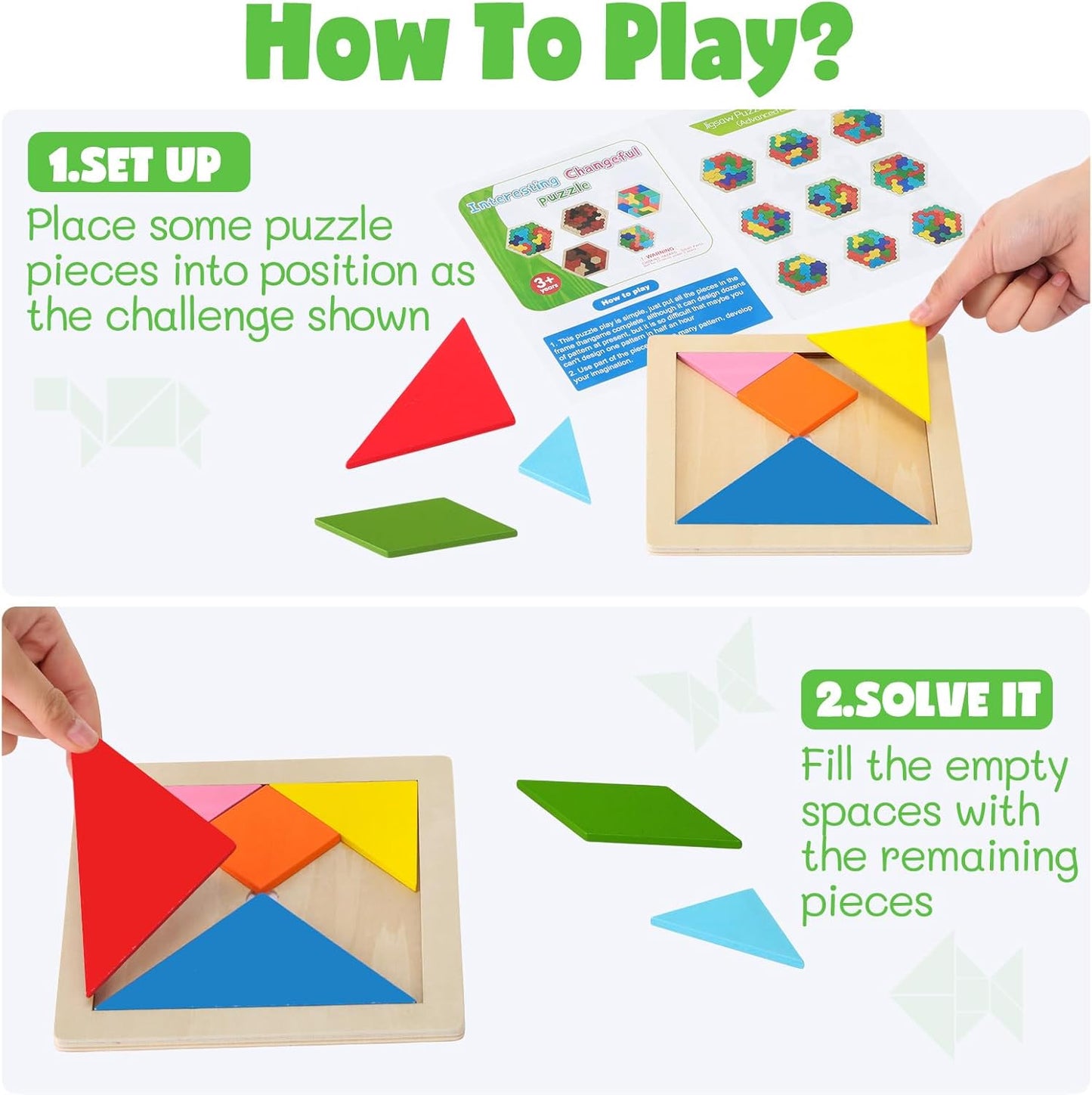 Yunsailing 3 Pack Large Hexagon Tangram Puzzle Wooden Brain Puzzles for Adult Challenge Wood Russian Blocks Brain Teasers Geometric Jigsaw Block Logic Iq Stem Family Graduation Gifts(Vintage)