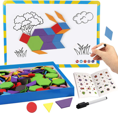 Vanmor 216PCS Magnetic Pattern Blocks Set Complete with 298 Pattern Book Magnet Board Magnetic Shapes for Kids Educational Montessori Tangram Toy for Children Aged 3 8 Portable Travel Game
