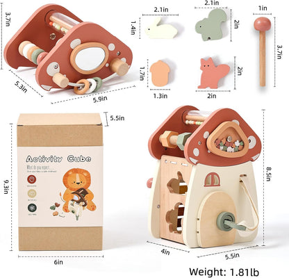 Youuys Wooden Activity Cube 9-in-1 Montessori Toys for 3+ Year Old Boys & Girls, Multipurpose Educational Sensory Learning Toys for Baby Toddlers with Mirror, First Birthday Gift (Castle)