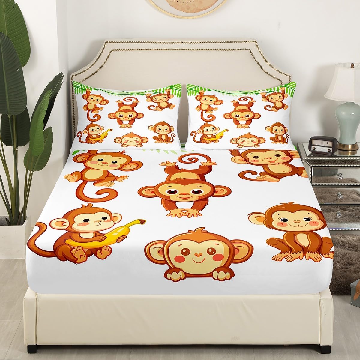 Manfei Musical Kids Fitted Sheet Full Size, MusicalGuitar Radio Drum Kit Headset Print Bedding Set 3pcs for Boys Girls, Rock Music Bed Cover with 2 Pillowcases, Soft Polyester Bedding, No Top Sheet