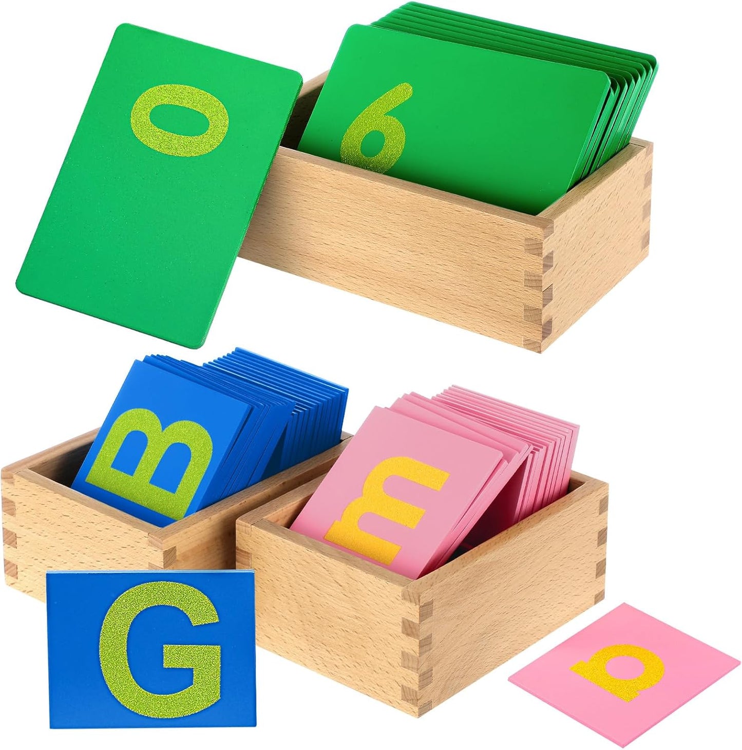 Henoyso 3 Sets Sandpaper Letters with Boxes Lower and Capital Case Sandpaper Sensory Tactile Letters Alphabet for Learning Education Easter Gift (Letter,Number,Bright)