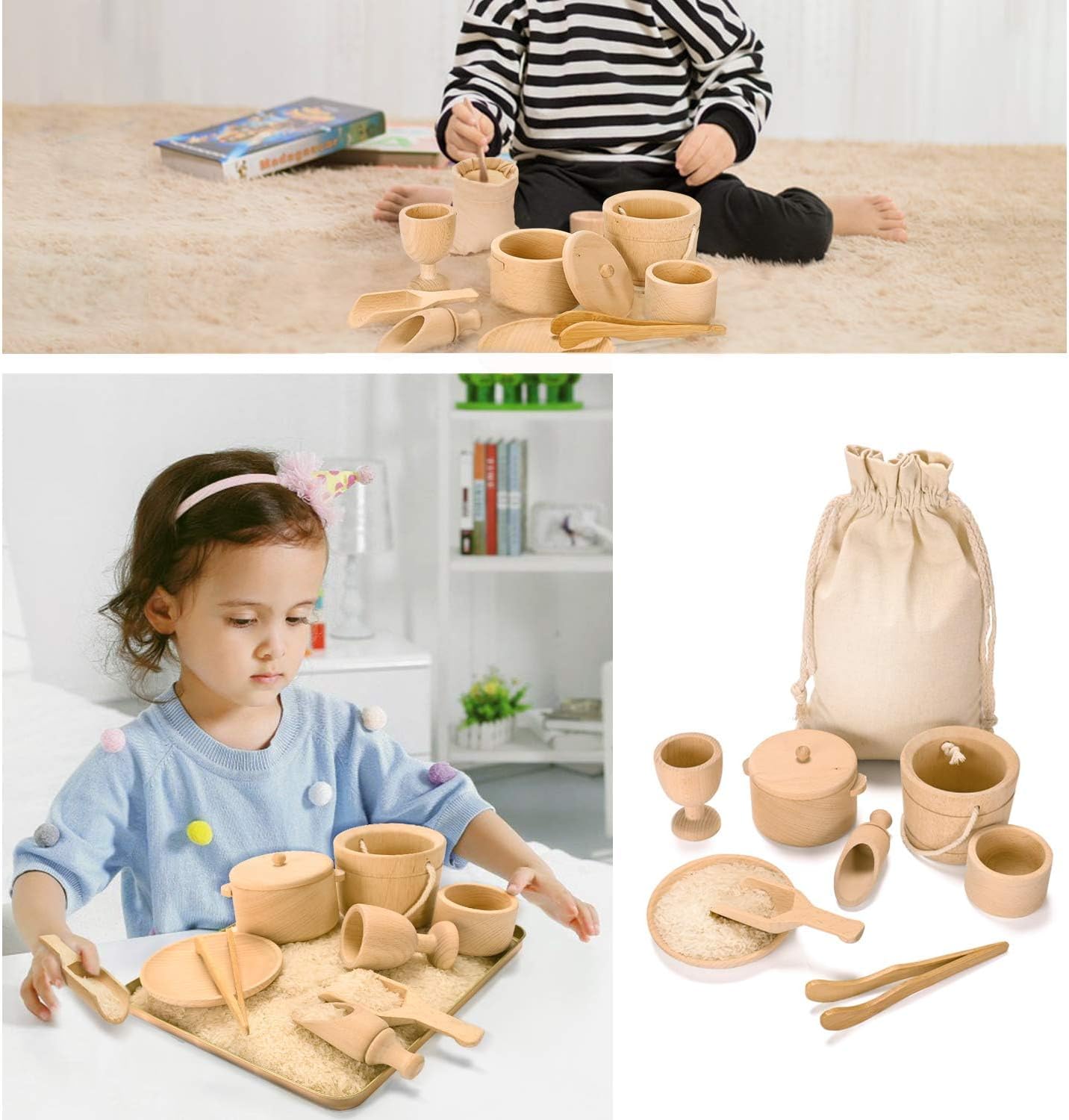 Montessori Toys Sensory Bin Toys for Toddlers Set of 9 Wooden Waldorf Toys Wooden Scoops and Tongs for Transfer Work and Fine Motor Skills Development